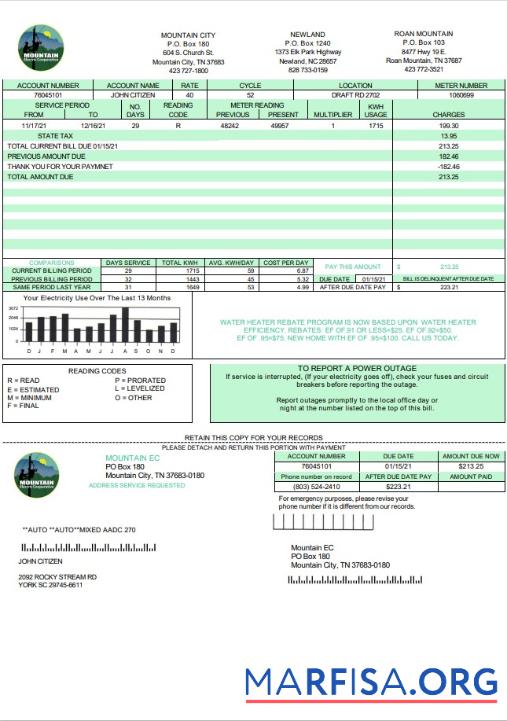 Realistic USA Tennessee Mountain Electric Cooperative, Inc. (MEC) utility bill template in Word and PDF format